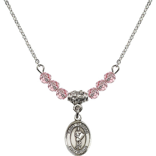 Sterling Silver Saint Florian Birthstone Necklace with Light Rose Beads - 9034