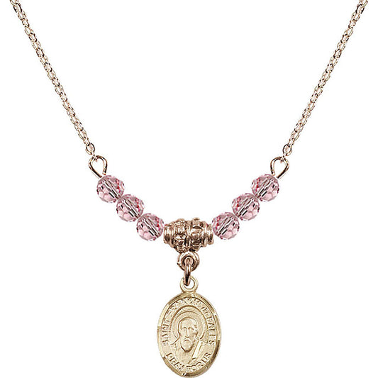 14kt Gold Filled Saint Francis de Sales Birthstone Necklace with Light Rose Beads - 9035