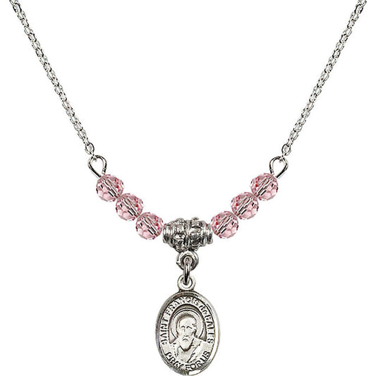 Sterling Silver Saint Francis de Sales Birthstone Necklace with Light Rose Beads - 9035