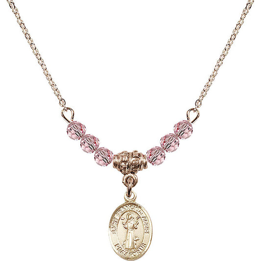 14kt Gold Filled Saint Francis of Assisi Birthstone Necklace with Light Rose Beads - 9036