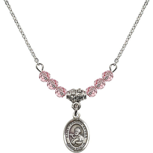 Sterling Silver Saint Francis Xavier Birthstone Necklace with Light Rose Beads - 9037