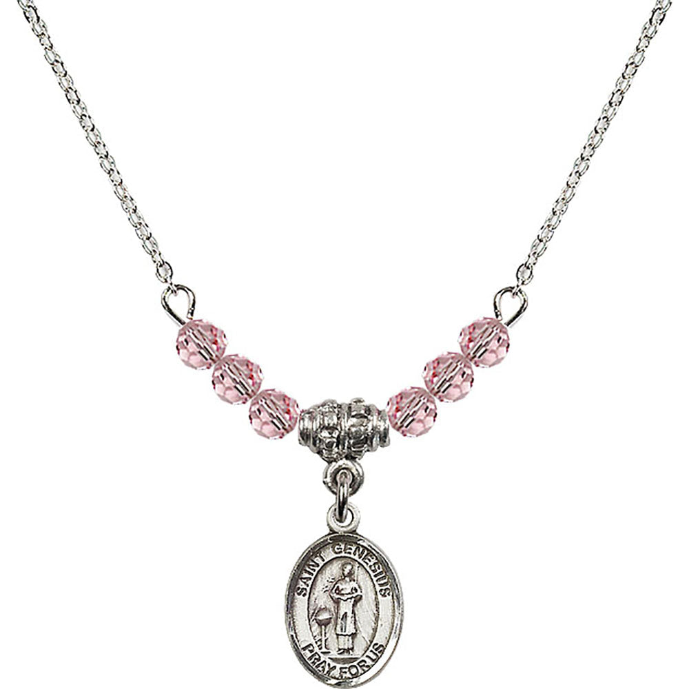 Sterling Silver Saint Genesius of Rome Birthstone Necklace with Light Rose Beads - 9038