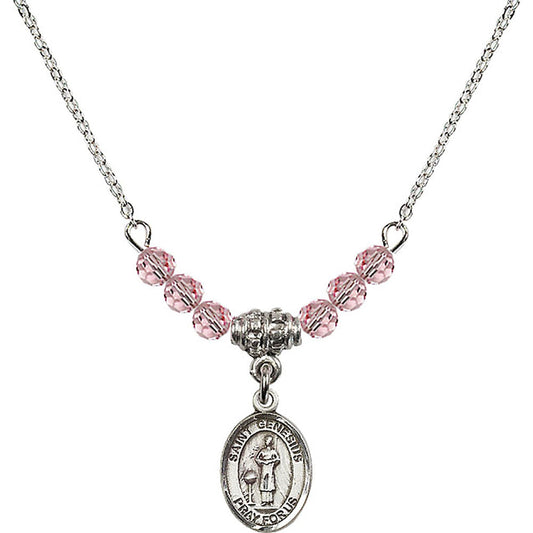 Sterling Silver Saint Genesius of Rome Birthstone Necklace with Light Rose Beads - 9038