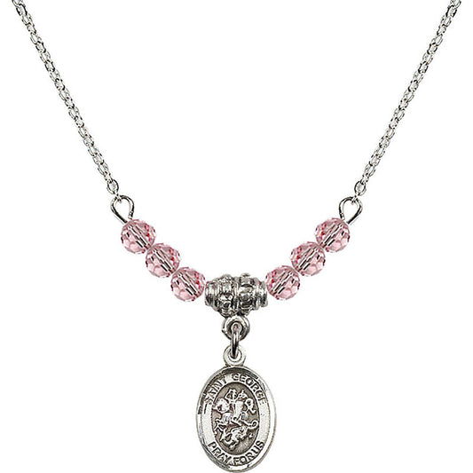 Sterling Silver Saint George Birthstone Necklace with Light Rose Beads - 9040