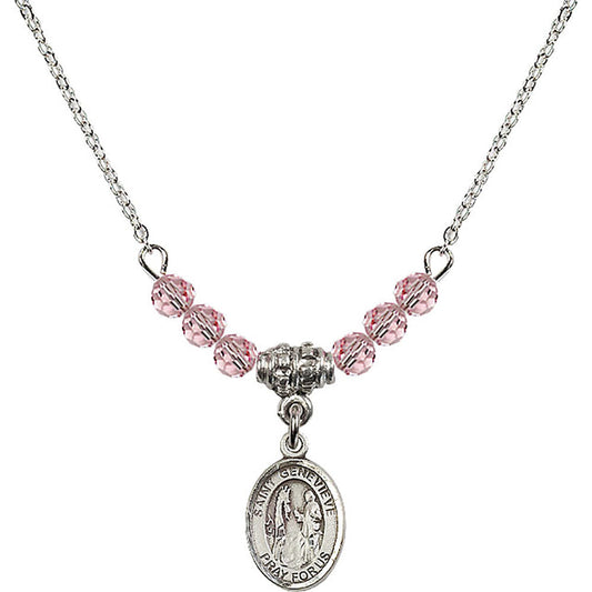 Sterling Silver Saint Genevieve Birthstone Necklace with Light Rose Beads - 9041