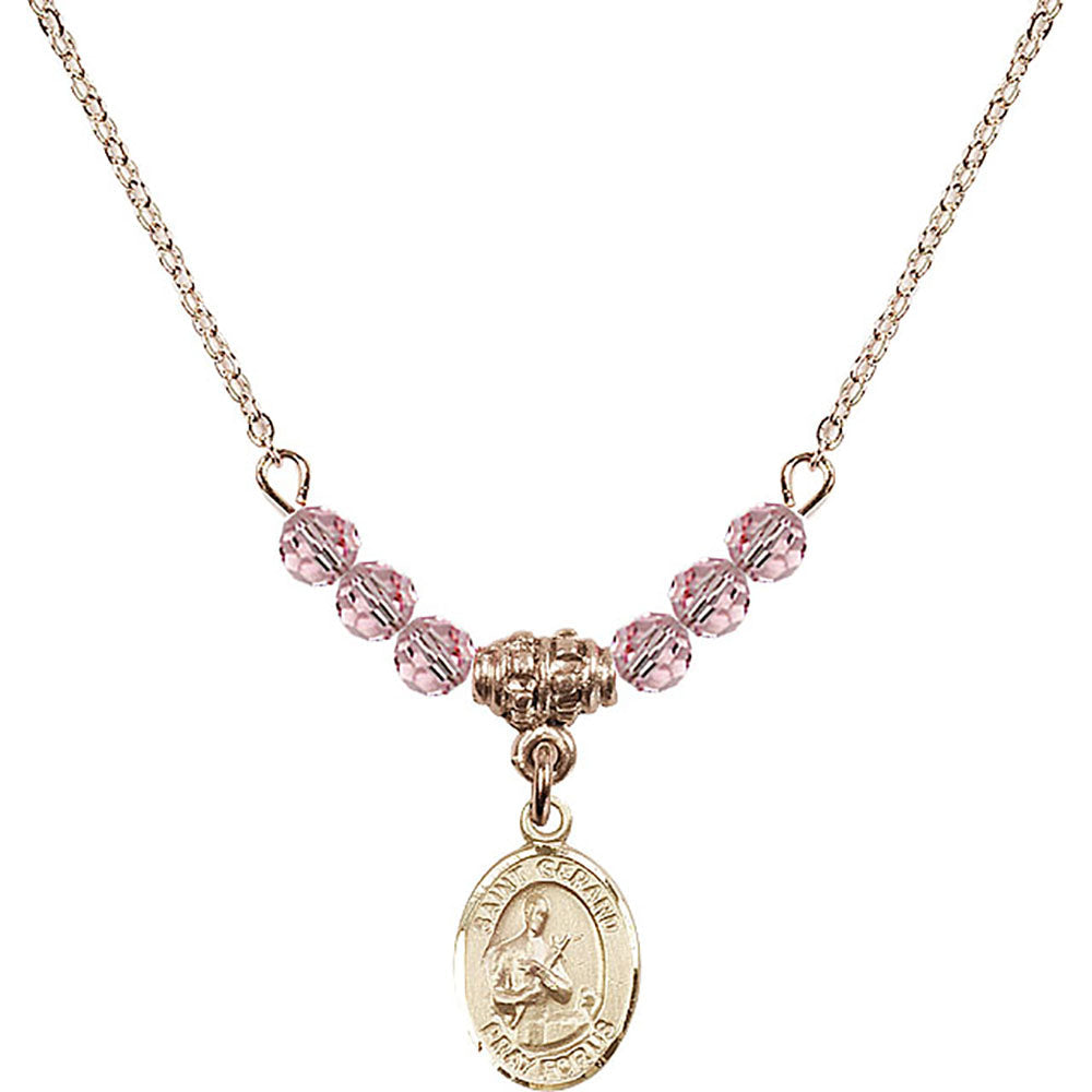 14kt Gold Filled Saint Gerard Majella Birthstone Necklace with Light Rose Beads - 9042