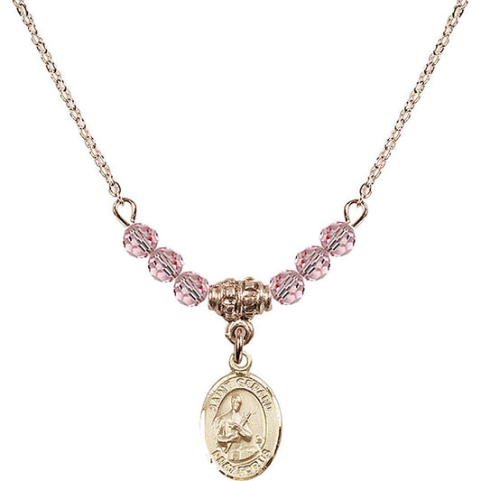 14kt Gold Filled Saint Gerard Majella Birthstone Necklace with Light Rose Beads - 9042