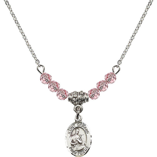 Sterling Silver Saint Gerard Majella Birthstone Necklace with Light Rose Beads - 9042