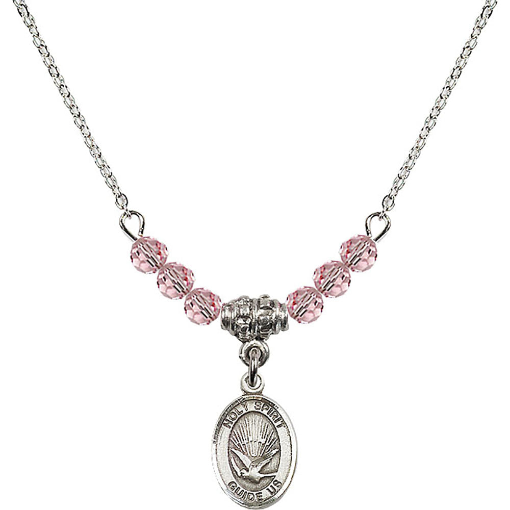 Sterling Silver Holy Spirit Birthstone Necklace with Light Rose Beads - 9044