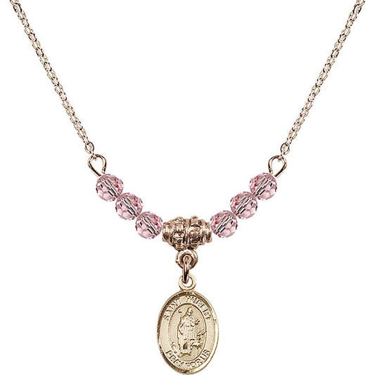 14kt Gold Filled Saint Hubert of Liege Birthstone Necklace with Light Rose Beads - 9045