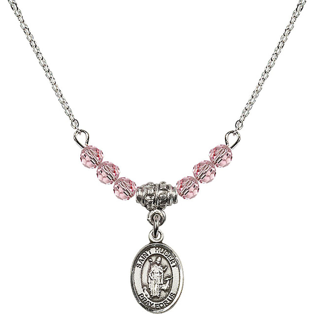 Sterling Silver Saint Hubert of Liege Birthstone Necklace with Light Rose Beads - 9045