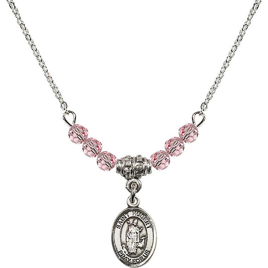 Sterling Silver Saint Hubert of Liege Birthstone Necklace with Light Rose Beads - 9045
