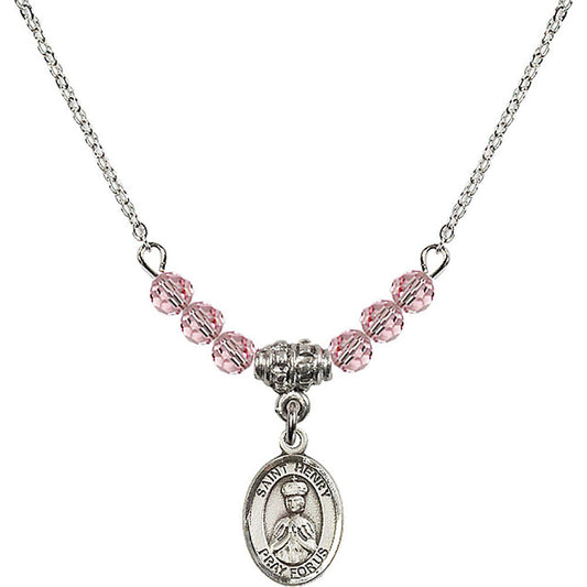Sterling Silver Saint Henry II Birthstone Necklace with Light Rose Beads - 9046
