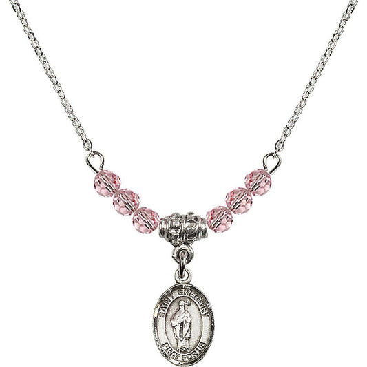 Sterling Silver Saint Gregory the Great Birthstone Necklace with Light Rose Beads - 9048