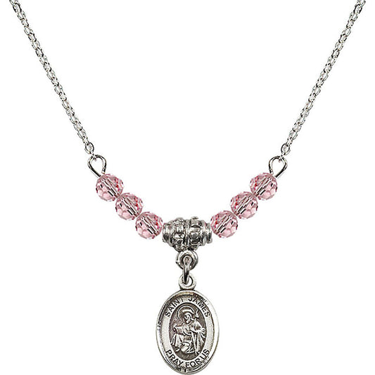Sterling Silver Saint James the Greater Birthstone Necklace with Light Rose Beads - 9050