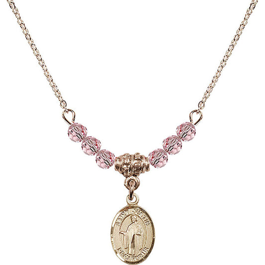 14kt Gold Filled Saint Justin Birthstone Necklace with Light Rose Beads - 9052