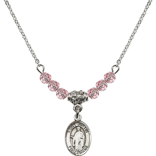 Sterling Silver Saint Justin Birthstone Necklace with Light Rose Beads - 9052