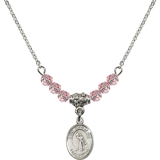 Sterling Silver Saint Joan of Arc Birthstone Necklace with Light Rose Beads - 9053