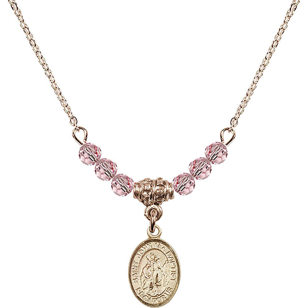 14kt Gold Filled Saint John the Baptist Birthstone Necklace with Light Rose Beads - 9054