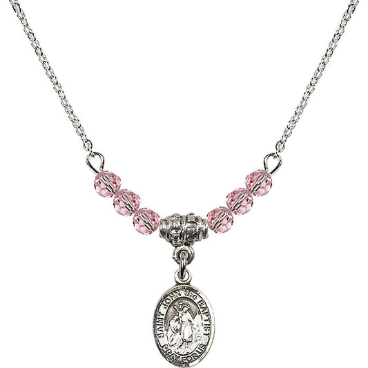 Sterling Silver Saint John the Baptist Birthstone Necklace with Light Rose Beads - 9054