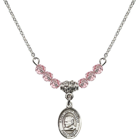Sterling Silver Saint John Bosco Birthstone Necklace with Light Rose Beads - 9055