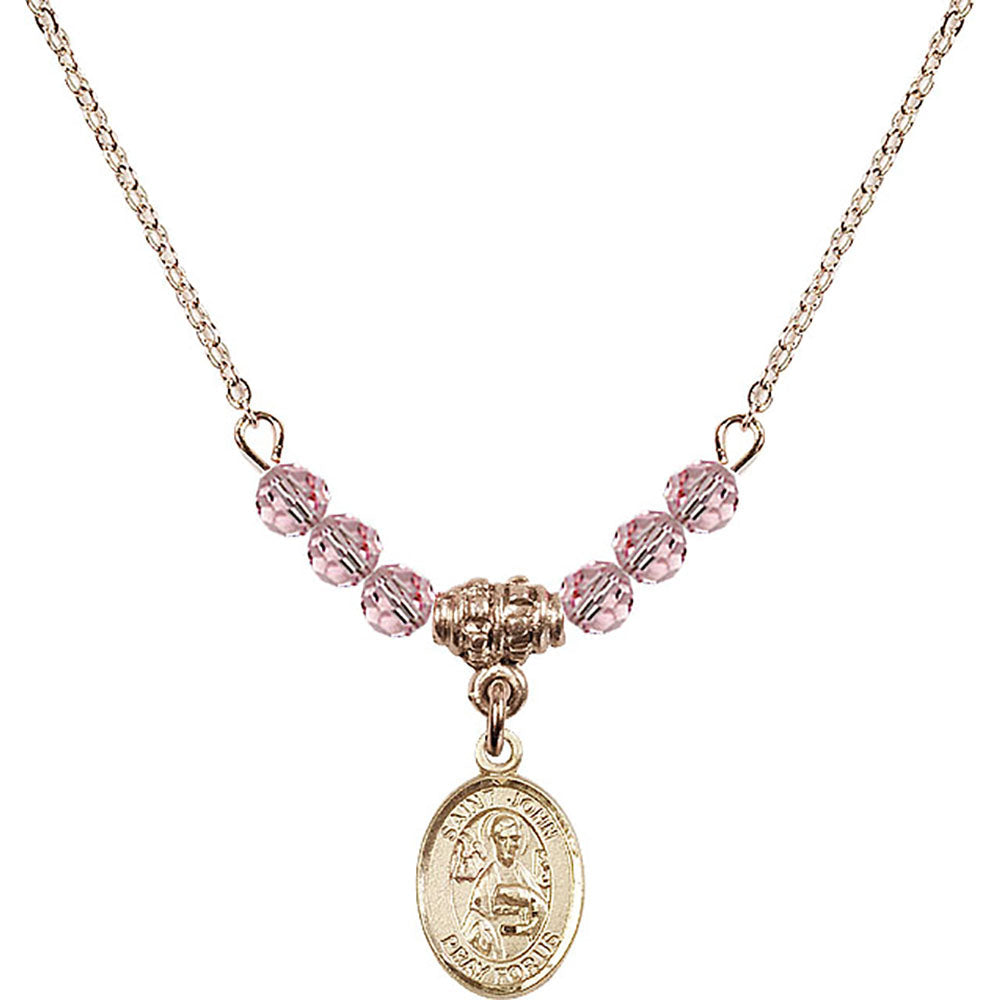 14kt Gold Filled Saint John the Apostle Birthstone Necklace with Light Rose Beads - 9056