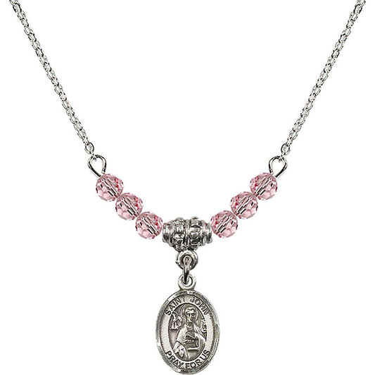 Sterling Silver Saint John the Apostle Birthstone Necklace with Light Rose Beads - 9056