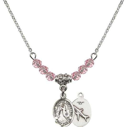 Sterling Silver Saint Joseph of Cupertino Birthstone Necklace with Light Rose Beads - 9057