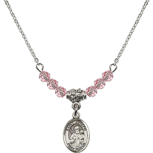 Sterling Silver Saint Joseph Birthstone Necklace with Light Rose Beads - 9058