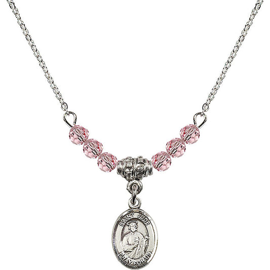 Sterling Silver Saint Jude Thaddeus Birthstone Necklace with Light Rose Beads - 9060