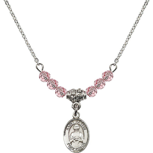 Sterling Silver Saint Kateri Tekakwitha Birthstone Necklace with Light Rose Beads - 9061