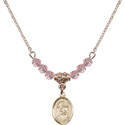14kt Gold Filled Saint Kevin Birthstone Necklace with Light Rose Beads - 9062