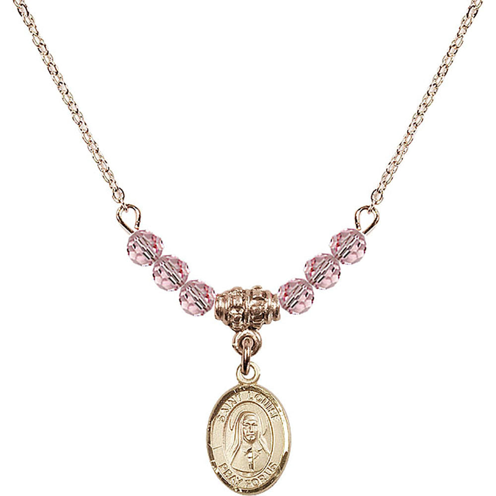14kt Gold Filled Saint Louise de Marillac Birthstone Necklace with Light Rose Beads - 9064