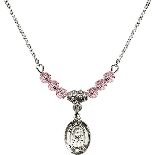 Sterling Silver Saint Louise de Marillac Birthstone Necklace with Light Rose Beads - 9064
