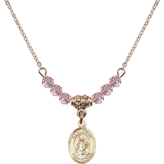 14kt Gold Filled Saint Lucia of Syracuse Birthstone Necklace with Light Rose Beads - 9065