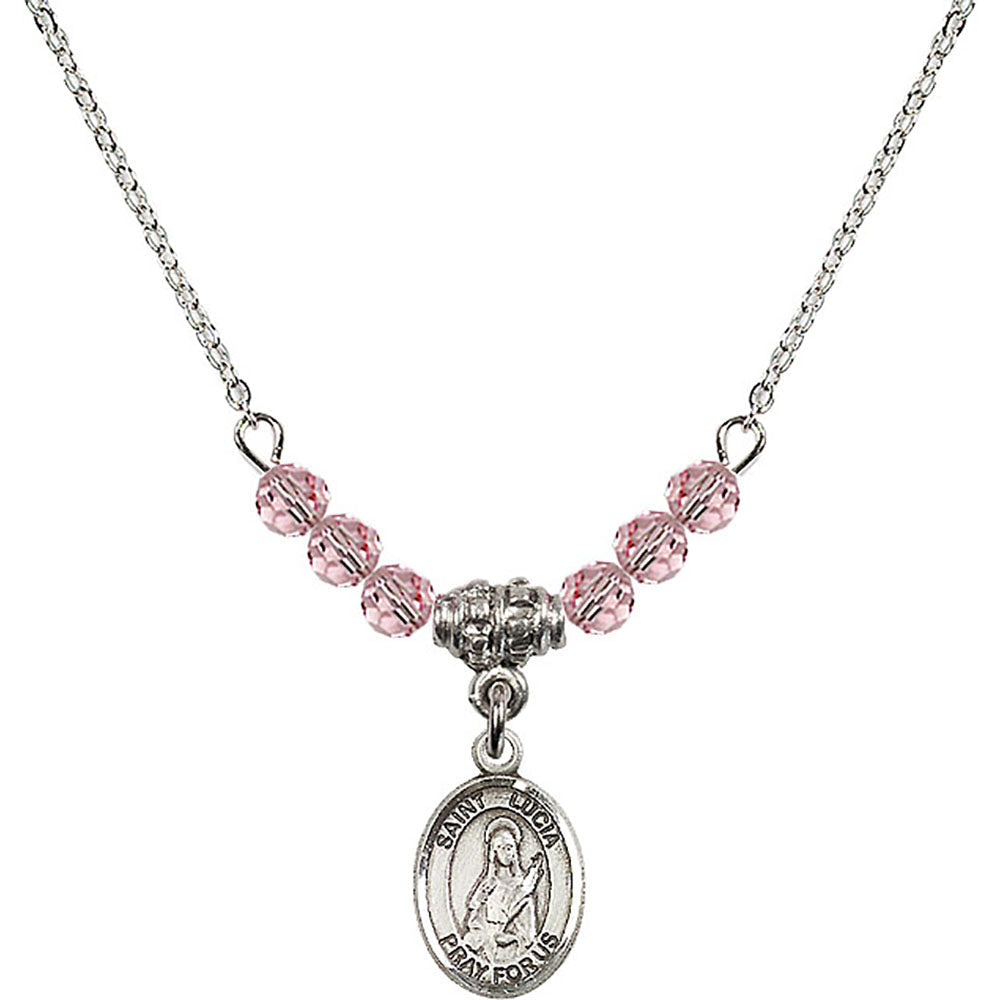 Sterling Silver Saint Lucia of Syracuse Birthstone Necklace with Light Rose Beads - 9065