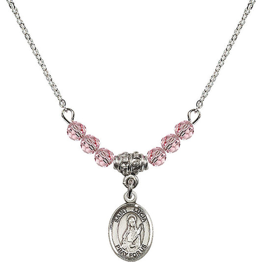 Sterling Silver Saint Lucia of Syracuse Birthstone Necklace with Light Rose Beads - 9065