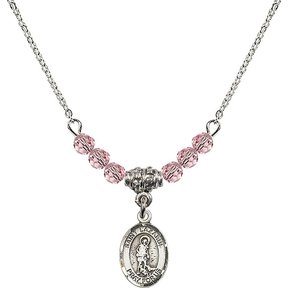 Sterling Silver Saint Lazarus Birthstone Necklace with Light Rose Beads - 9066