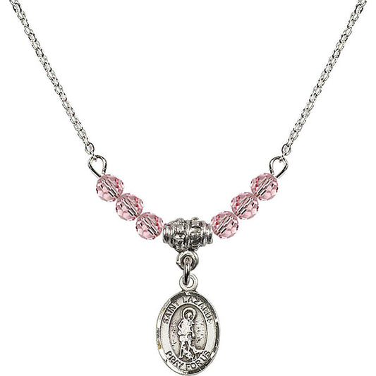 Sterling Silver Saint Lazarus Birthstone Necklace with Light Rose Beads - 9066