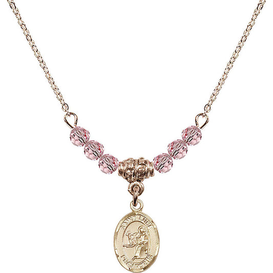 14kt Gold Filled Saint Luke the Apostle Birthstone Necklace with Light Rose Beads - 9068