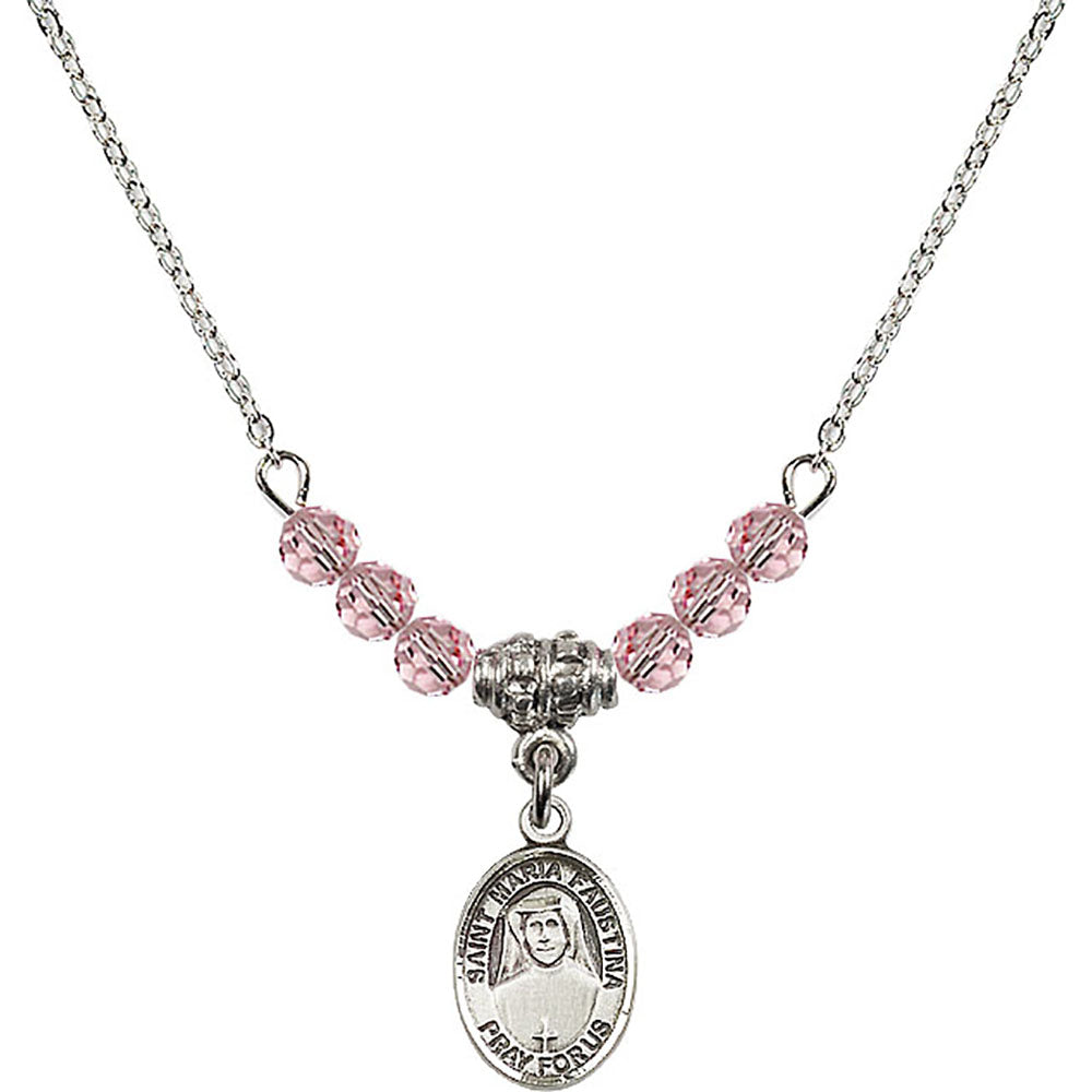 Sterling Silver Saint Maria Faustina Birthstone Necklace with Light Rose Beads - 9069