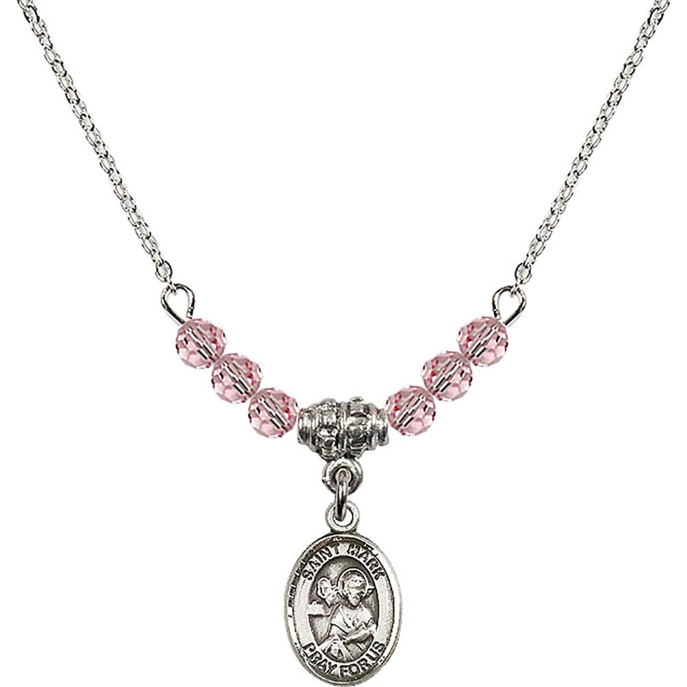 Sterling Silver Saint Mark the Evangelist Birthstone Necklace with Light Rose Beads - 9070