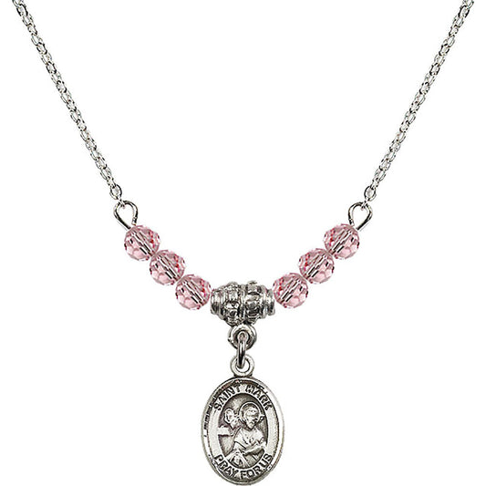 Sterling Silver Saint Mark the Evangelist Birthstone Necklace with Light Rose Beads - 9070
