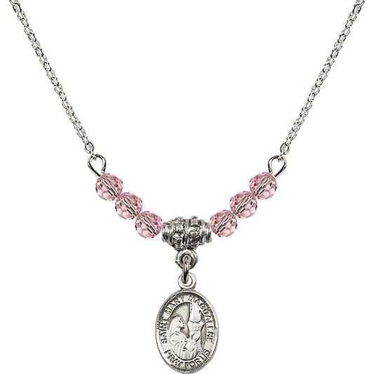 Sterling Silver Saint Mary Magdalene Birthstone Necklace with Light Rose Beads - 9071