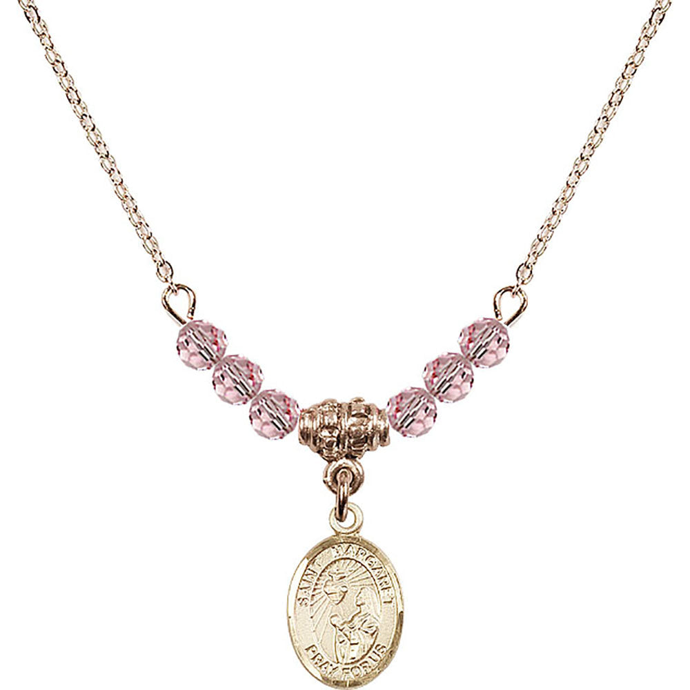 14kt Gold Filled Saint Margaret Mary Alacoque Birthstone Necklace with Light Rose Beads - 9072