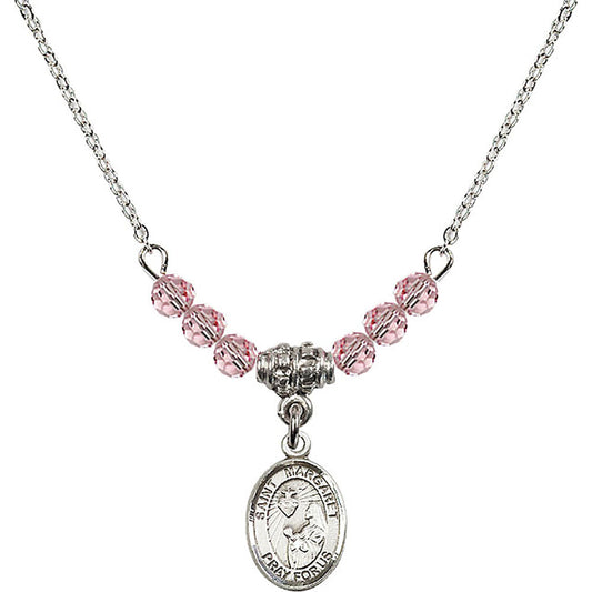 Sterling Silver Saint Margaret Mary Alacoque Birthstone Necklace with Light Rose Beads - 9072