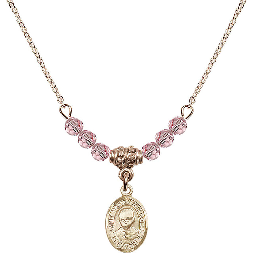 14kt Gold Filled Saint Maximilian Kolbe Birthstone Necklace with Light Rose Beads - 9073