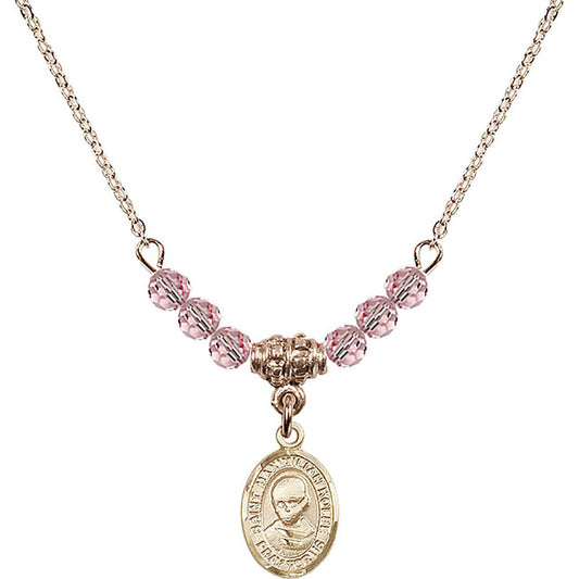 14kt Gold Filled Saint Maximilian Kolbe Birthstone Necklace with Light Rose Beads - 9073