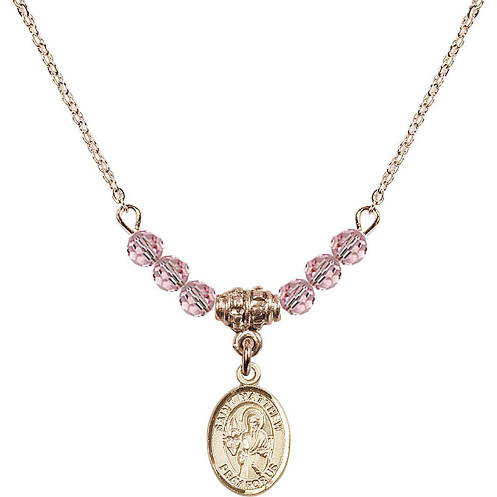 14kt Gold Filled Saint Matthew the Apostle Birthstone Necklace with Light Rose Beads - 9074