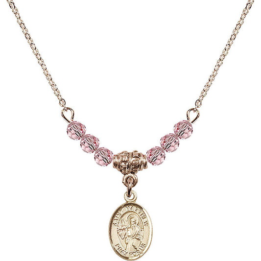14kt Gold Filled Saint Matthew the Apostle Birthstone Necklace with Light Rose Beads - 9074